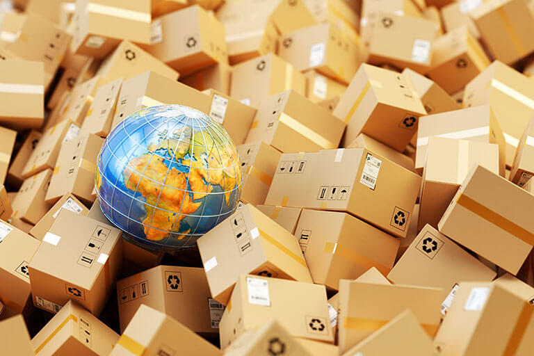Distribution warehouse, international package shipping, global freight transportation business, logistics and delivery concept, background with heap of cardboard boxes, parcels and Earth globe, © Cybrain / Adobe stock