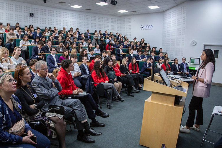 Picture: Students attending a company presentation at the ESCP London Careers Fair 2024