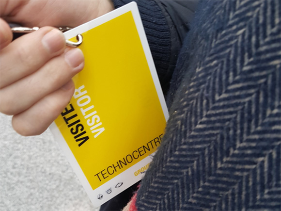 Visitor badge for the Renault Technocentre, badge in hand, ESCP