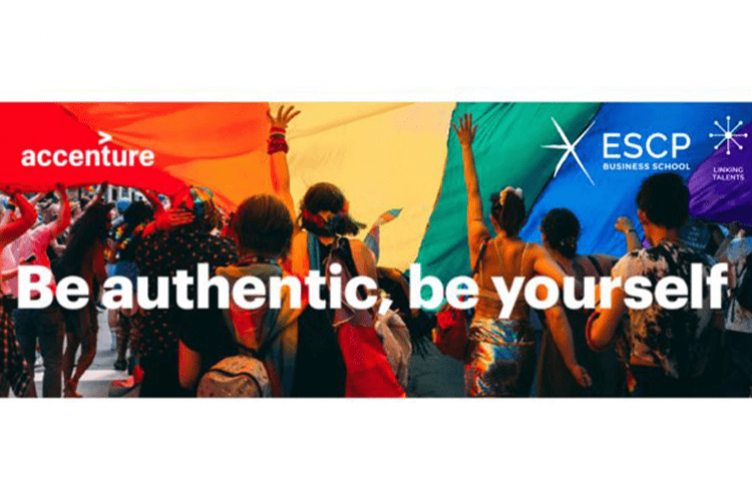 People walking under the rainbow flag of diversity and a text that says " Be authentic, be yourself"