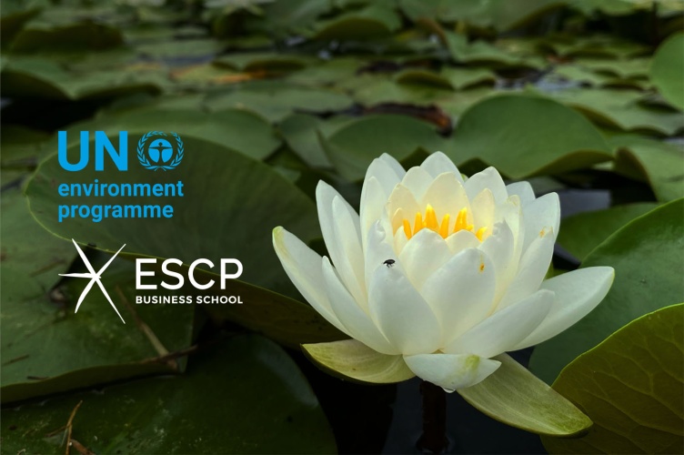 Logo UN environment and ESCP Business School logo on lotus flower background