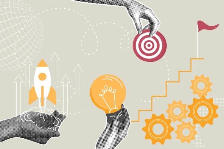The image is a modern, collage-style illustration showing a rocket launch, a hand holding a lightbulb, a hand placing a target, and gears leading up stairs toward a flag, all symbolizing ideas, goals, growth, and progress.