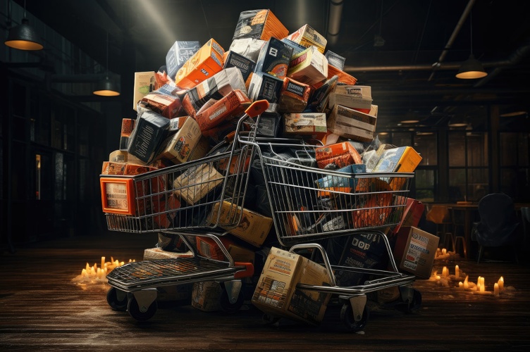 Sebastian / Adobe Stock [copyright] Shopping carts piled high with discounted products, showcasing the abundance of Black Friday purchases. Generative Ai.