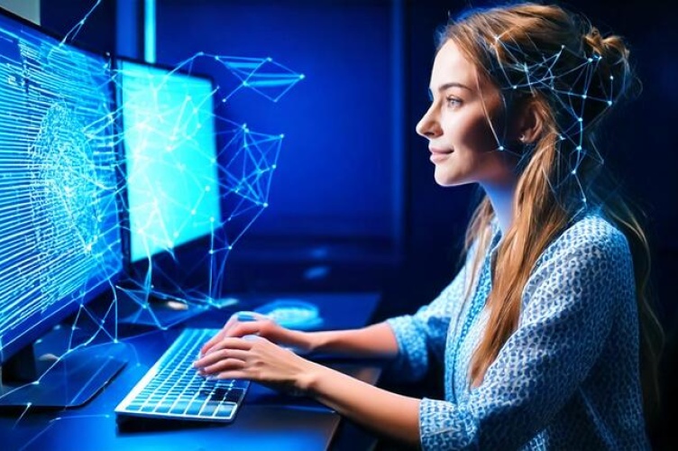 professional using AI tools at modern workspace with multiple screens showing data analytics and automation workflows