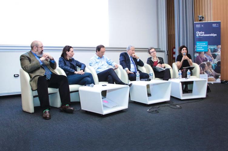 Oliver Badot, Evelyne Lhoste, Maud Berenger-Lachmann, Valérie Moatti, Michel Edaouard Leclerc animent le Petit-Déjeuner du commerce 4.0: R&D et production 4.0 à l'ESCP 