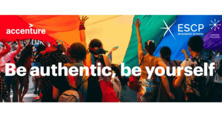 People walking under the rainbow flag of diversity and a text that says " Be authentic, be yourself"