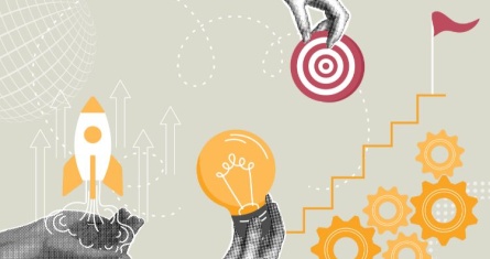 The image is a modern, collage-style illustration showing a rocket launch, a hand holding a lightbulb, a hand placing a target, and gears leading up stairs toward a flag, all symbolizing ideas, goals, growth, and progress.
