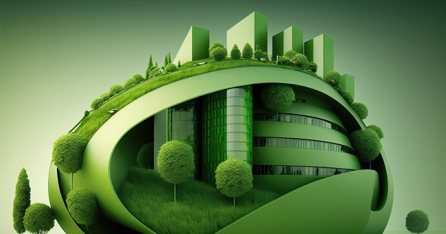 ©AdriFerrer-AdobeStock - 3D modern green sustainable building with green background. Generative AI