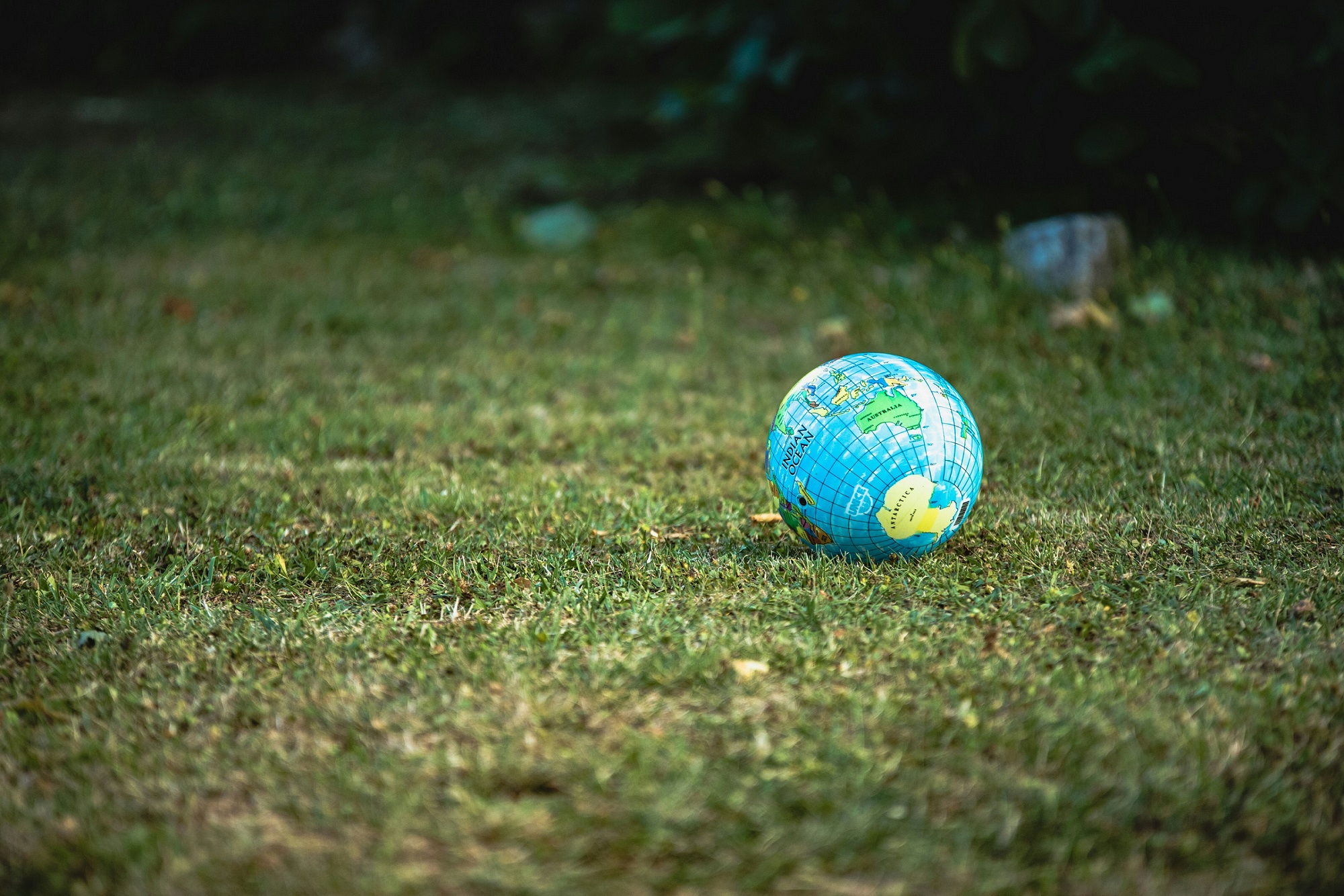 A small globe sits on the green grass lawn