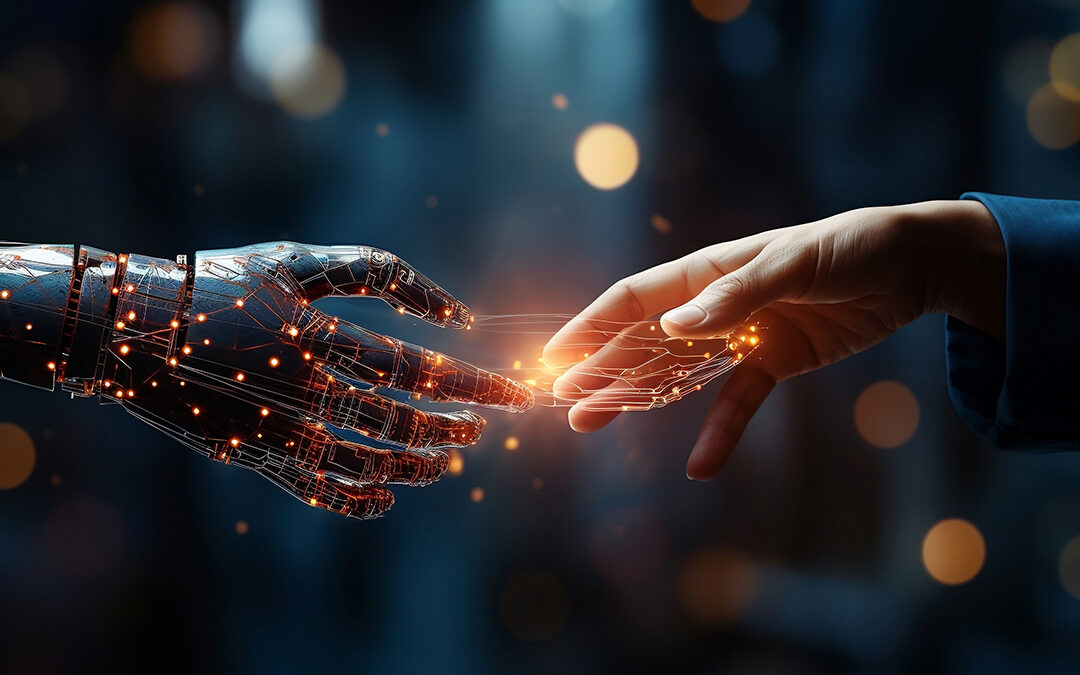 AdobeStock-MOUNSSIF Hands of robot and human touching on big data network connection background