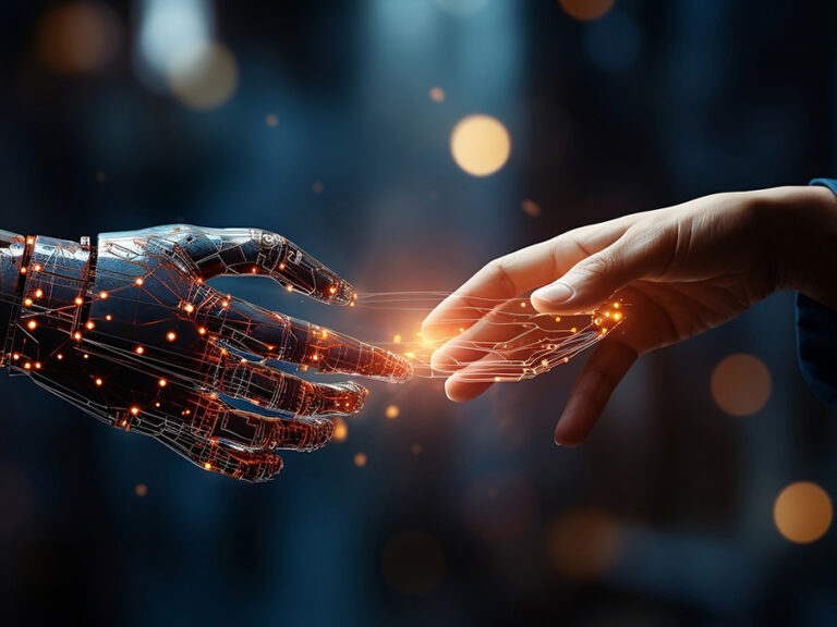 AdobeStock-MOUNSSIF Hands of robot and human touching on big data network connection background