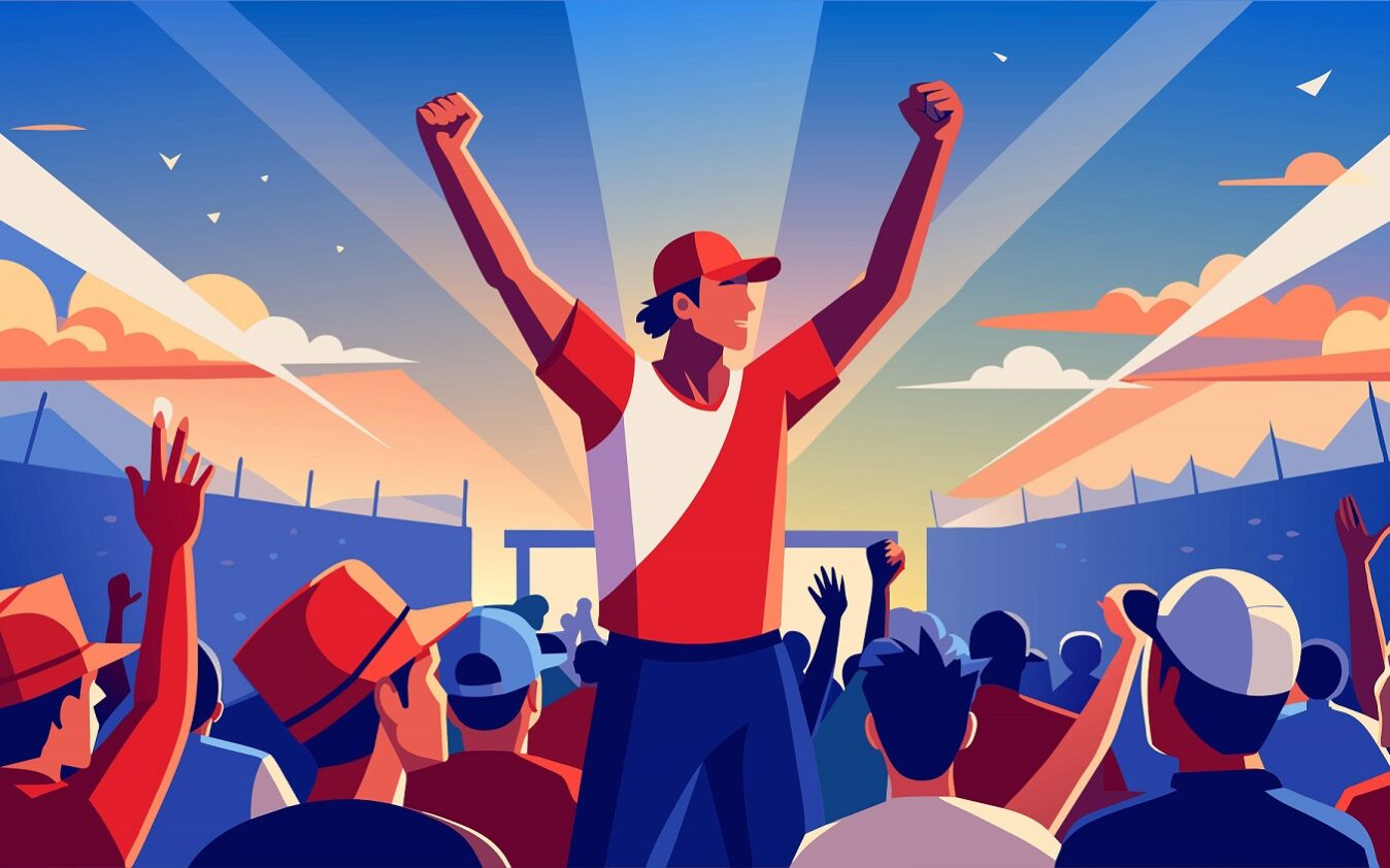 ©Veronica / Adobe Stock A crowd of people celebrating the victory of their favorite sports team. A man waves his hands and shouts slogans of support. Vector illustration