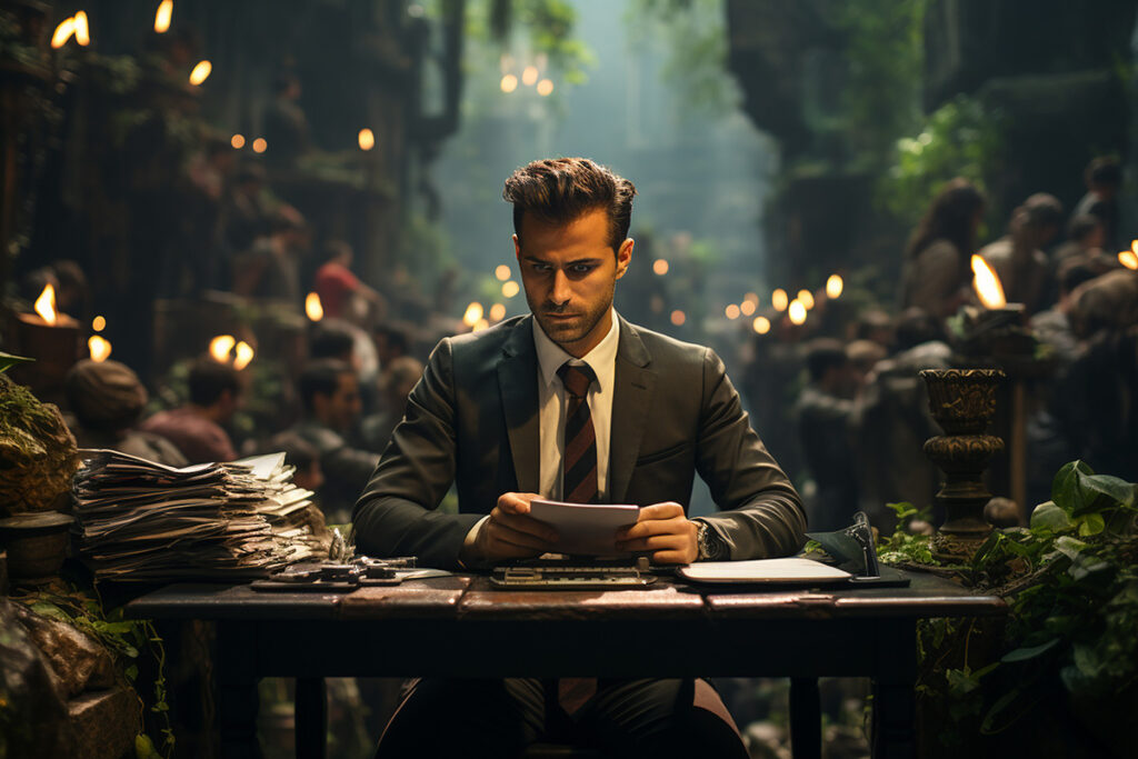Person reading a report in an unexpected natural setting