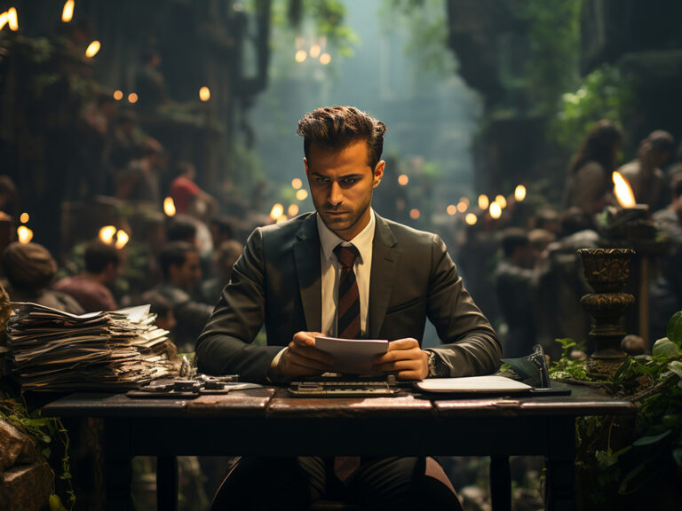 Person reading a report in an unexpected natural setting