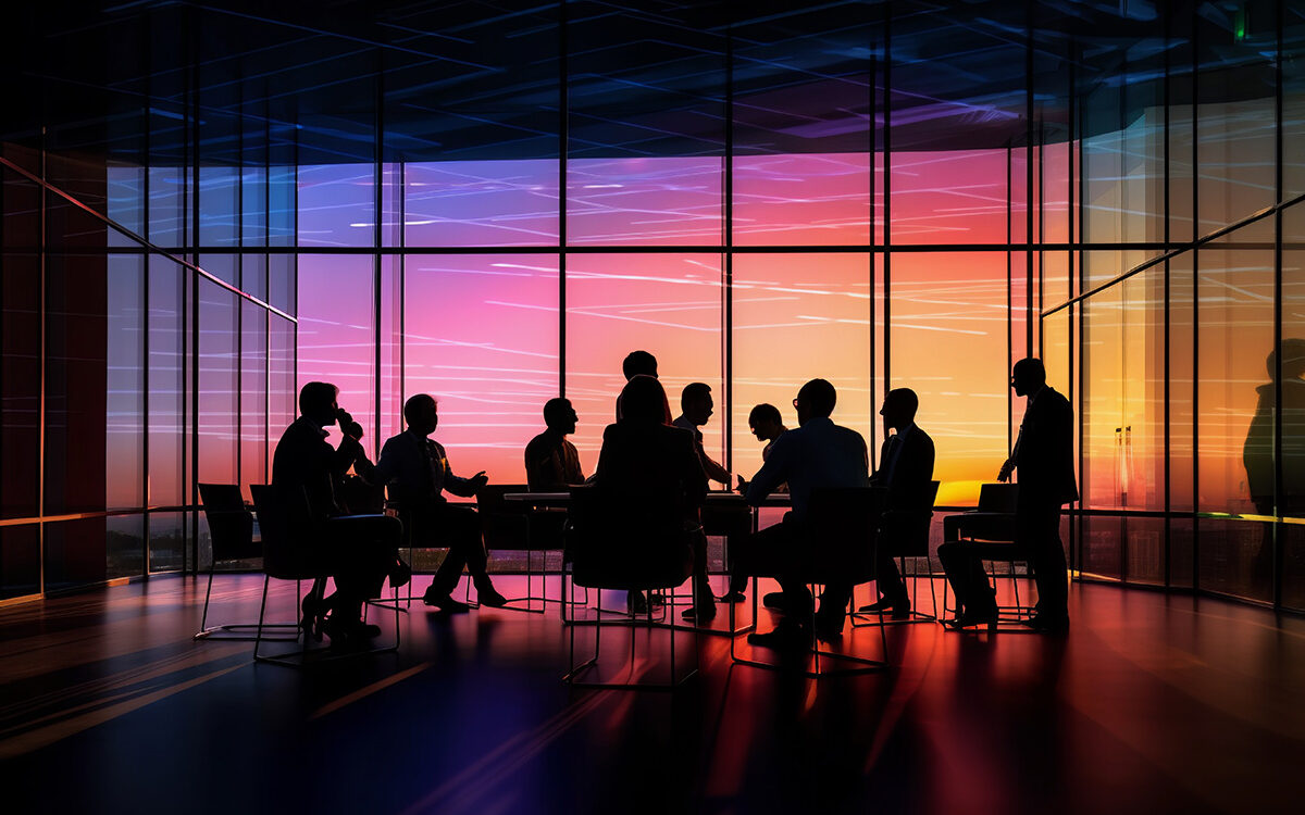 AdobeStock – GulyaevStudio Silhouettes of people in a meeting room with a colorful window behind them