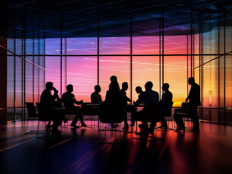 Silhouettes of people in a meeting room with a colorful window behind them