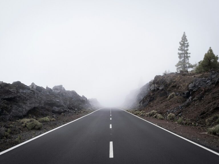 A paved road leads into dense fog.