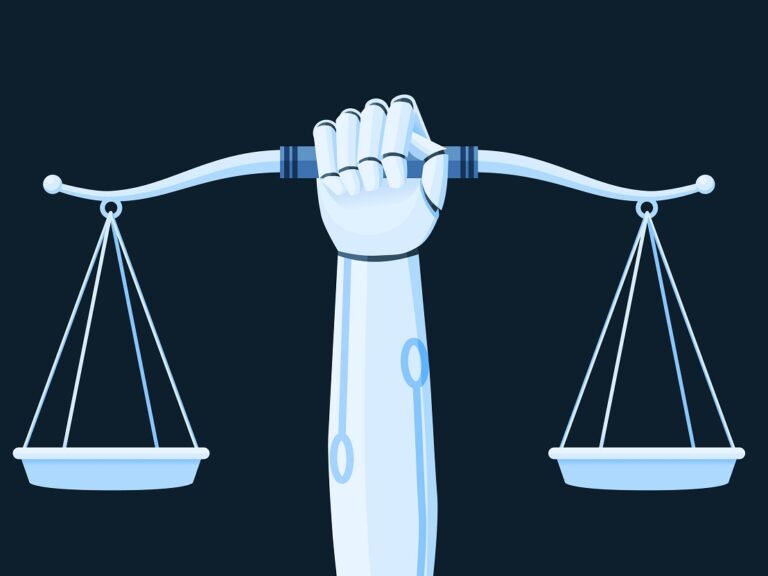 An illustration of a robot hand holding a balance with two empty plates.