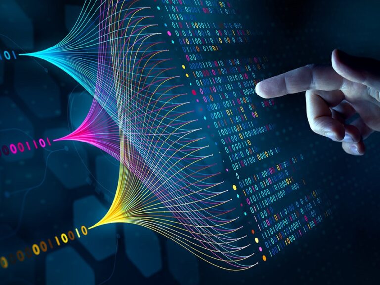 Image of a finger pointing at a series of ones and zeros, representing data feeding into an AI algorithm.