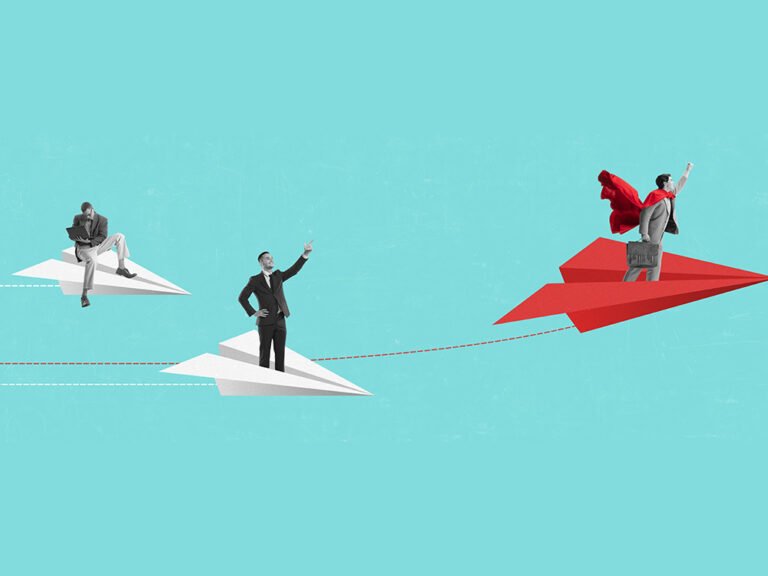 Conceptual design. Contemporary art collage. Employees, men sitting on paper planes and working. Flying to success and professional growth. Concept of business, career development, teamwork, ©See Less / Adobe Stock