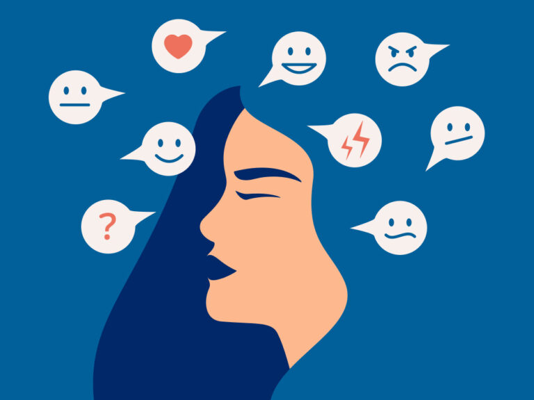 Illustration of a woman with plenty of emotions swirling around her head