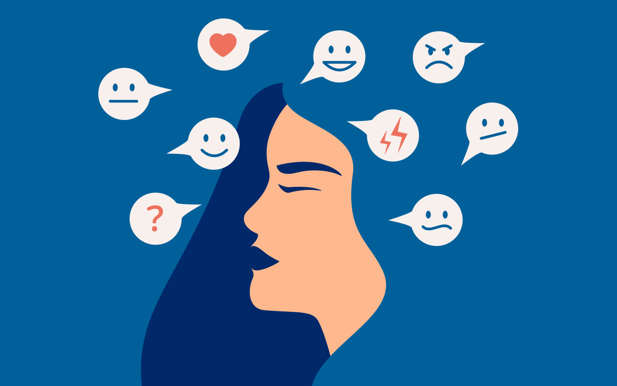 Illustration of a woman with plenty of emotions swirling around her head