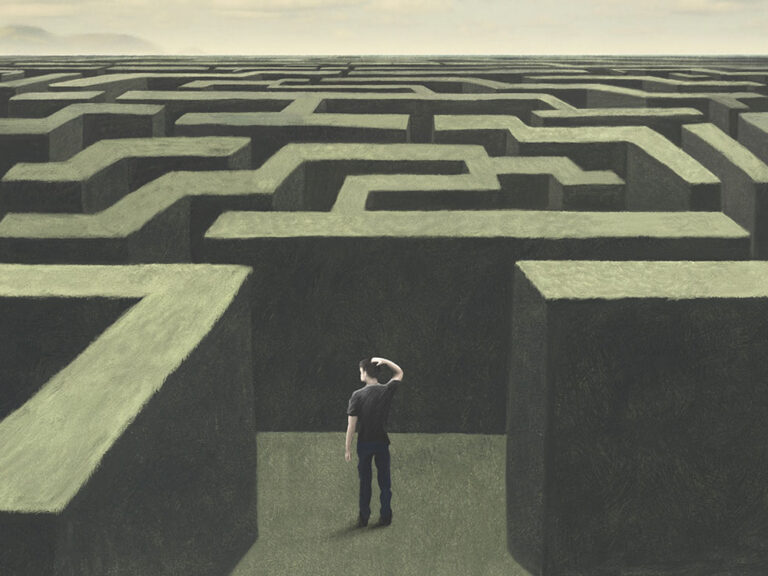 Illustration of man lost in a complex labyrinth, surreal abstract concept ©fran_kie / Adobe Stock