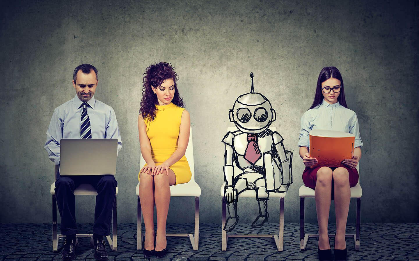 Photo-Credit-Djomas-AdobeStock Cartoon robot sitting in line with applicants for a job interview