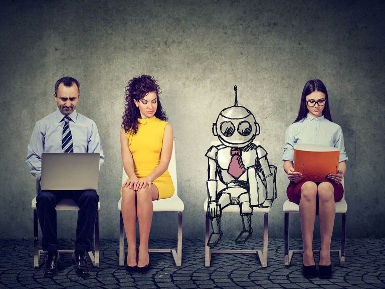 Cartoon robot sitting in line with applicants for a job interview