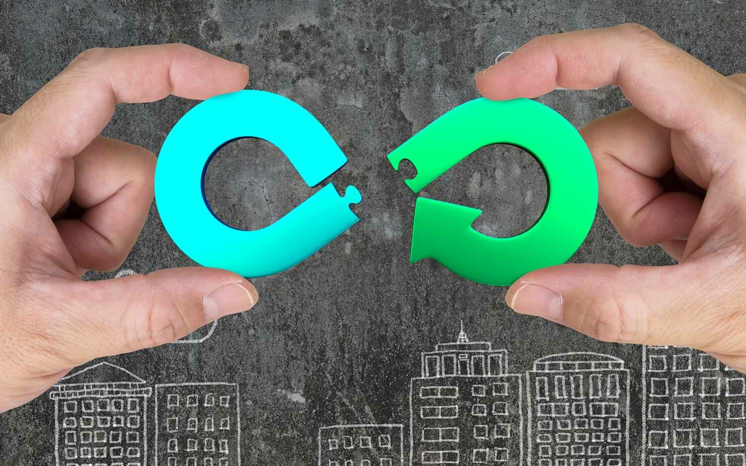 Photo-Credit-Tsung-Lin-Wu-AdobeStock Circular economy concept. Two hands assembling arrow infinity recycling symbol of jigsaw puzzle pieces, on city buildings doodles background.