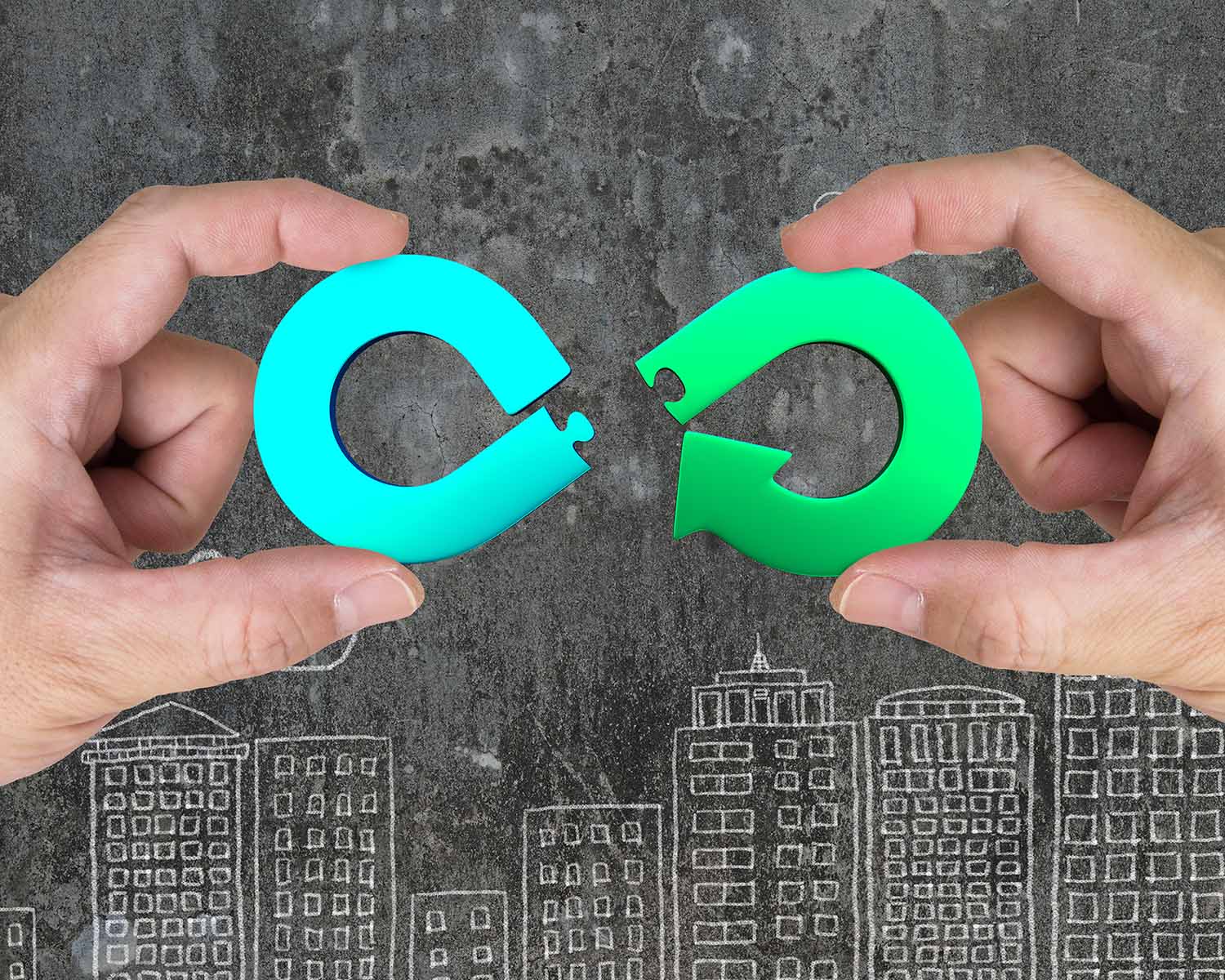 Circular economy concept. Two hands assembling arrow infinity recycling symbol of jigsaw puzzle pieces, on city buildings doodles background.