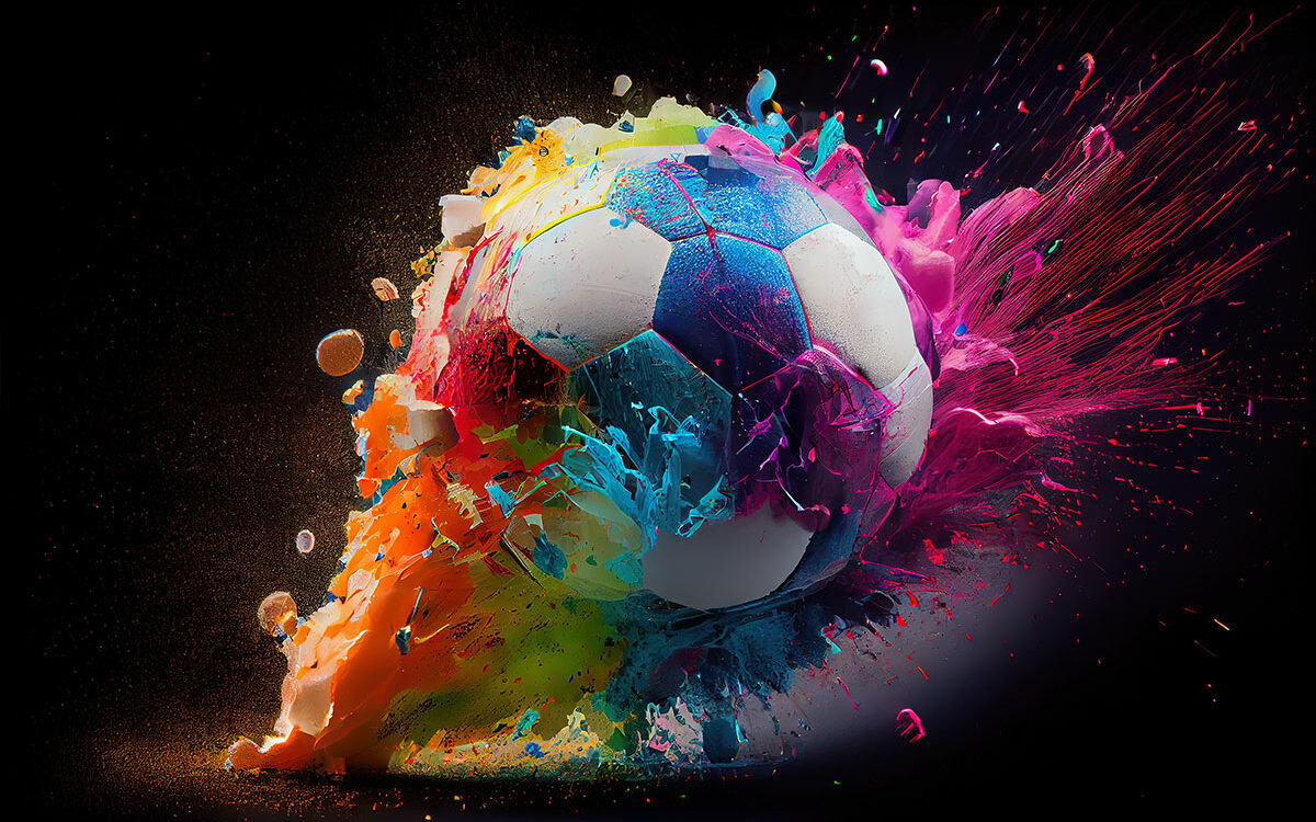 Claudia-Nass – AdobeStock Illustration of a football which explodes in rainbow colors against dark background.