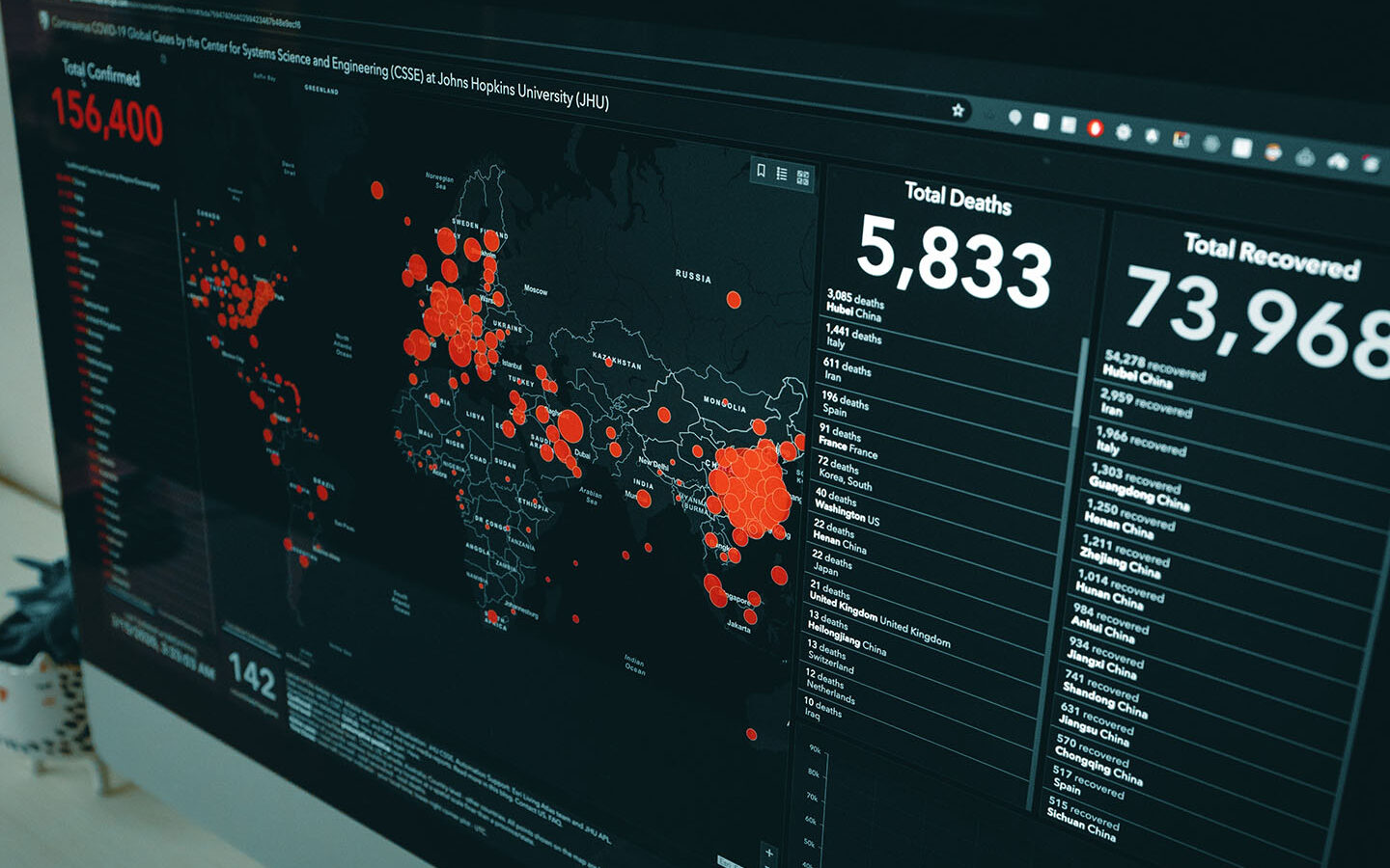 @clay.banks / Unsplash Coronavirus coverage as of 3/15/2020. Heatmap by the Center for Systems Science and Engineering (CSSE) at John Hopkins University , Clay Banks Unsplash
