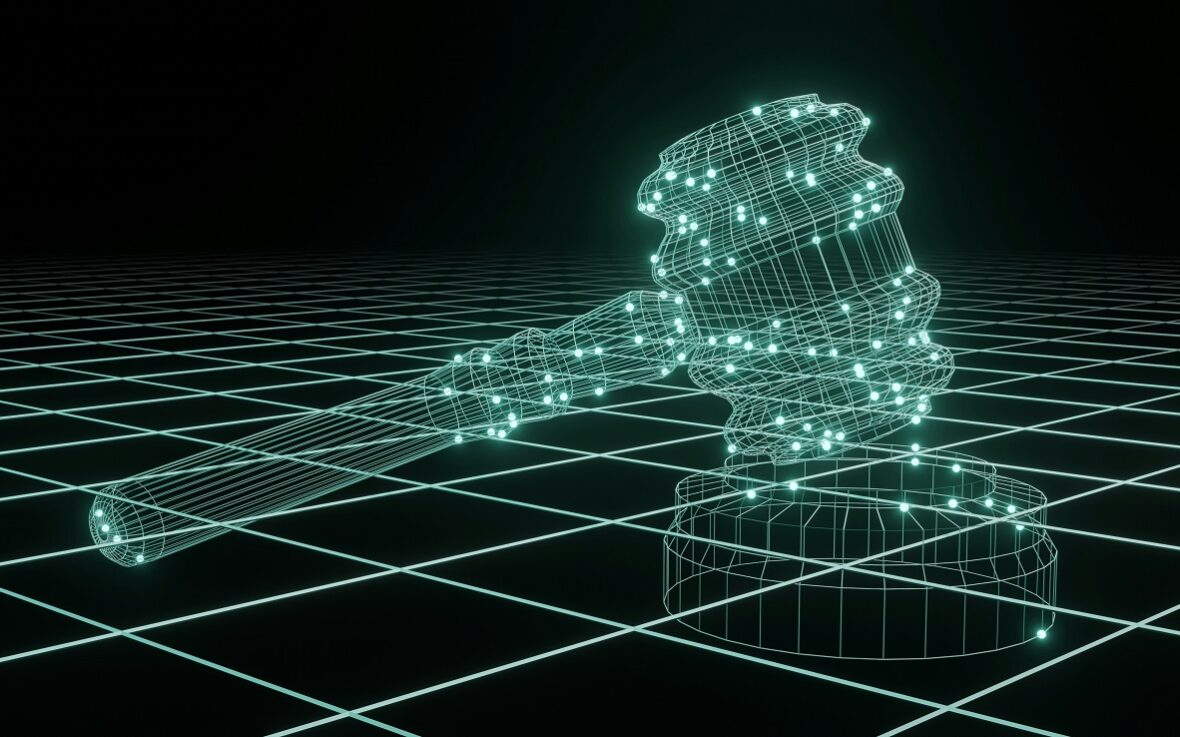 A gavel made of computer code