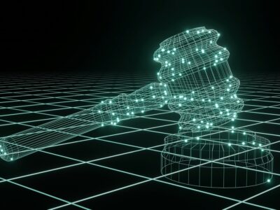 A gavel made of computer code