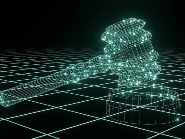 A gavel made of computer code