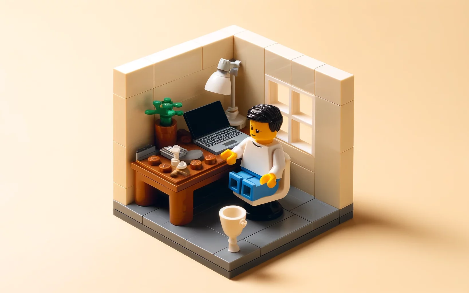 Created with DALL-E A simple Lego scene showing a Lego minifigure at a small desk inside a Lego home office.