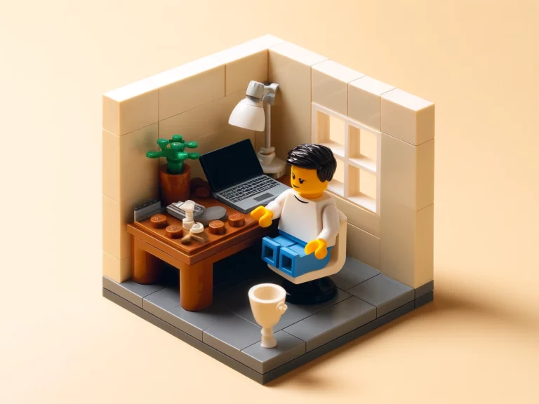 A simple Lego scene showing a Lego minifigure at a small desk inside a Lego home office.
