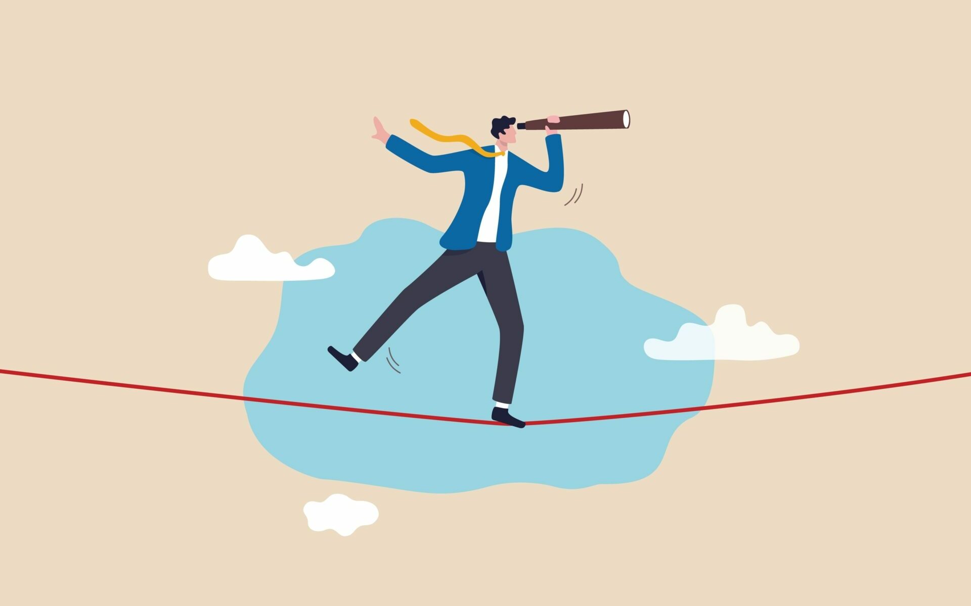 ©eamesBot / Shutterstock Illustration of a man wearing a blue jacket and yellow tie balancing on a tightrope while looking through a telescope