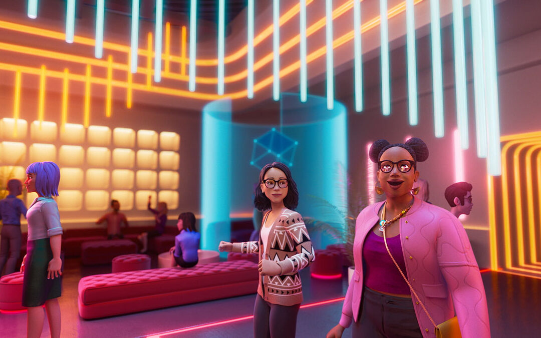 Welcome to the Metaverse, ©Meta Photo of two avatars discovering Facebook's Metaverse.