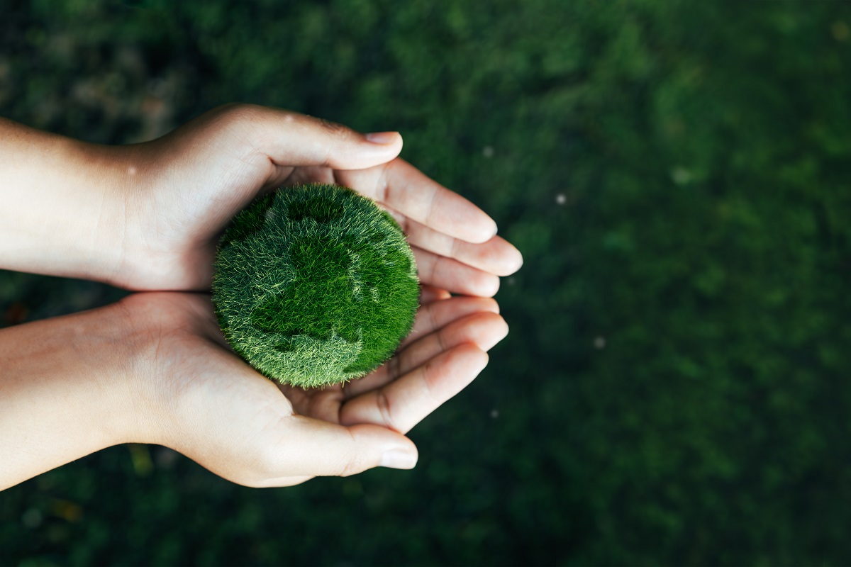 Two hands hold a ball of moss or grass that vaguely looks like the Earth