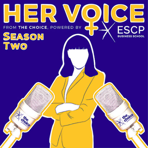 Illustration of a women standing behind two microphones