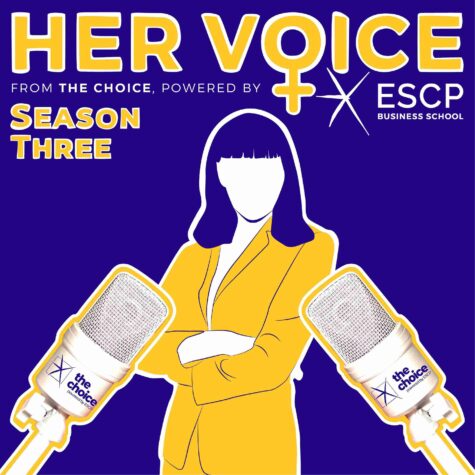 Illustration of a woman standing behind two microphones