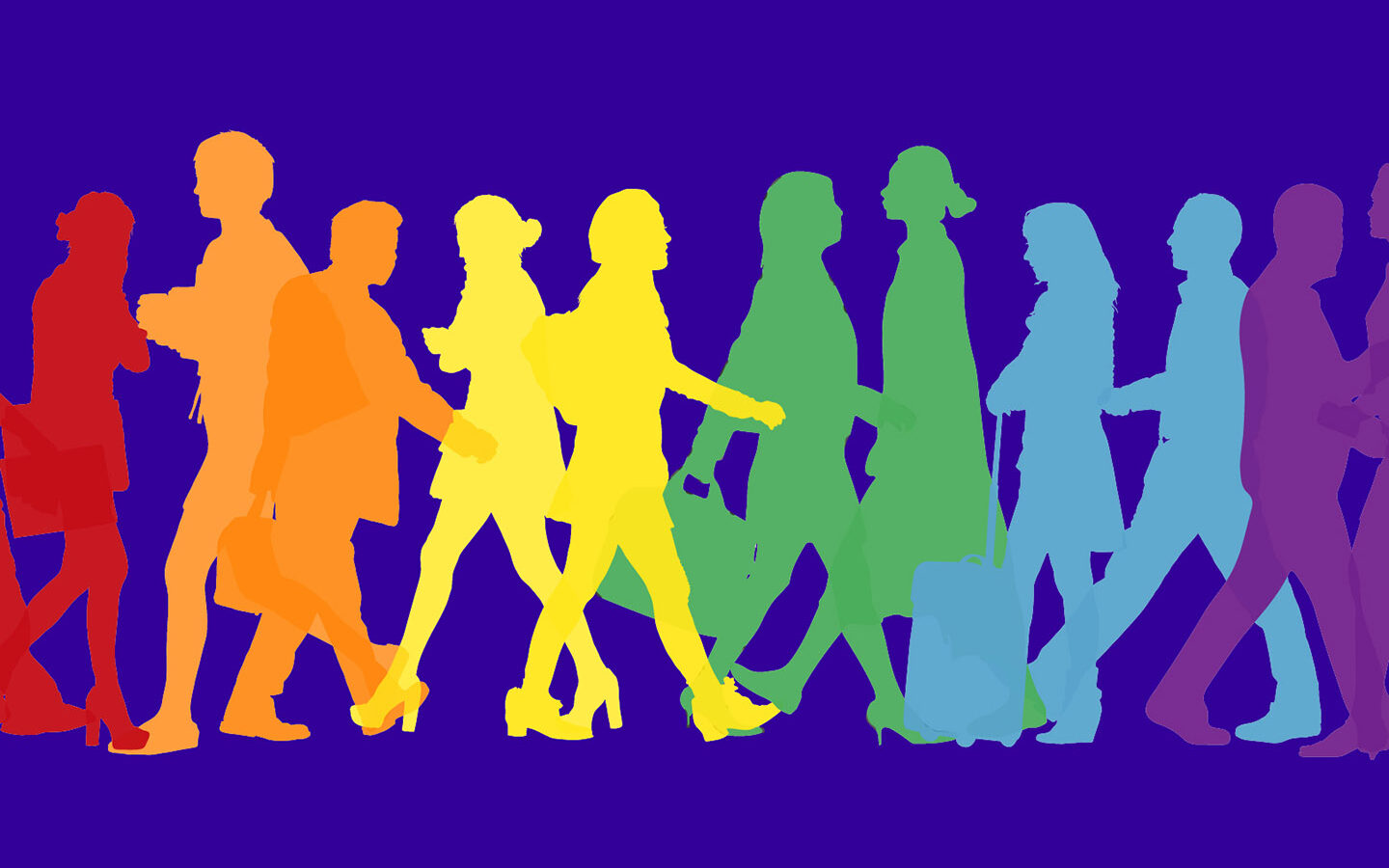 Silhouette of people walking on a colored background