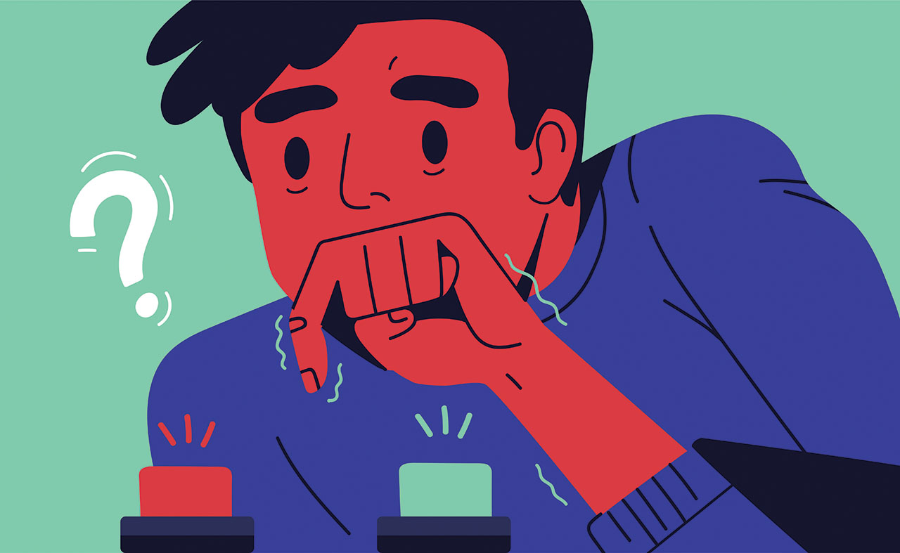 Young man choosing button to push. Concept of difficult choice between two options, alternatives or opportunities, life dilemma, decision making. Colorful vector illustration in flat cartoon style. ©Good Studio / Adobe Stock