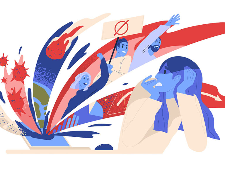 Woman suffering from panic attack after reading news online. Anxious posts in social media. Concept of fear of negative mass information in the internet. Vector illustration in flat cartoon style ©Good Studio / Adobe stock