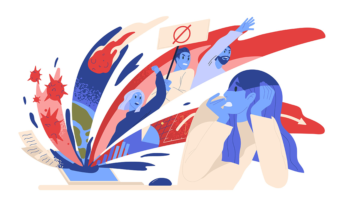 Woman suffering from panic attack after reading news online. Anxious posts in social media. Concept of fear of negative mass information in the internet. Vector illustration in flat cartoon style ©Good Studio / Adobe stock