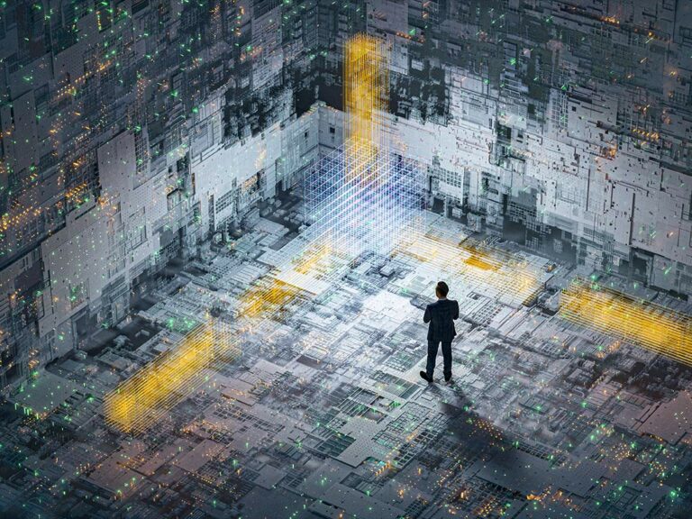 Businessman lost in technology abstract picture