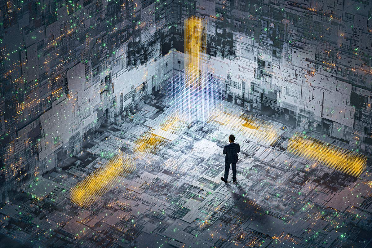 Businessman lost in technology abstract picture