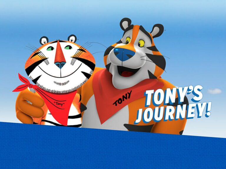 Picture of Tony the Tiger, advertising cartoon mascot for Kellogg's Frosted Flakes (​also known as Frosties) breakfast cereal.